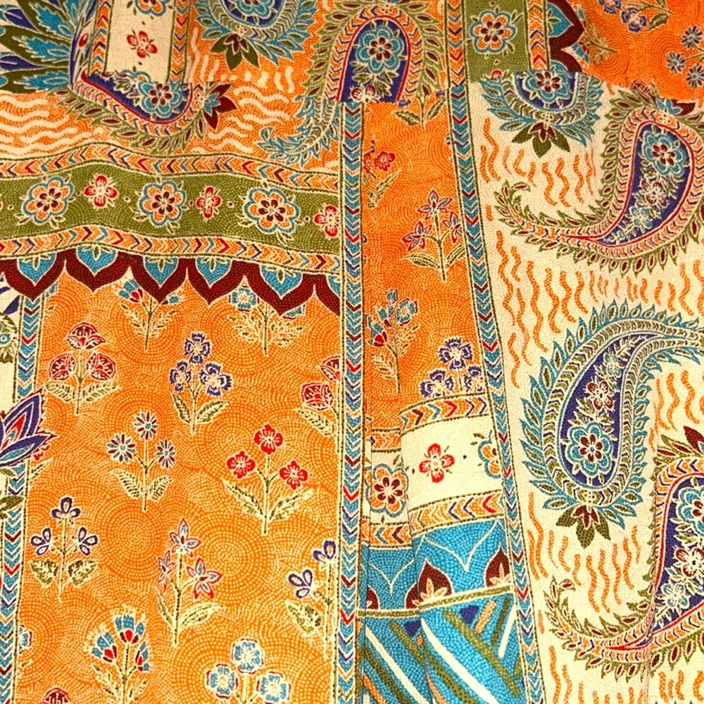 Rose & Olive Paisley Button-Up Shirt M Orange Boho Tie Knot Colorful Floral